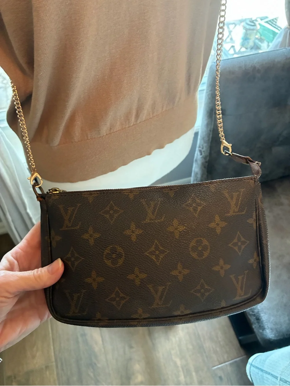 Louis Vuitton Brown Monogram Chain Crossbody Bag with Tan Leather Trim